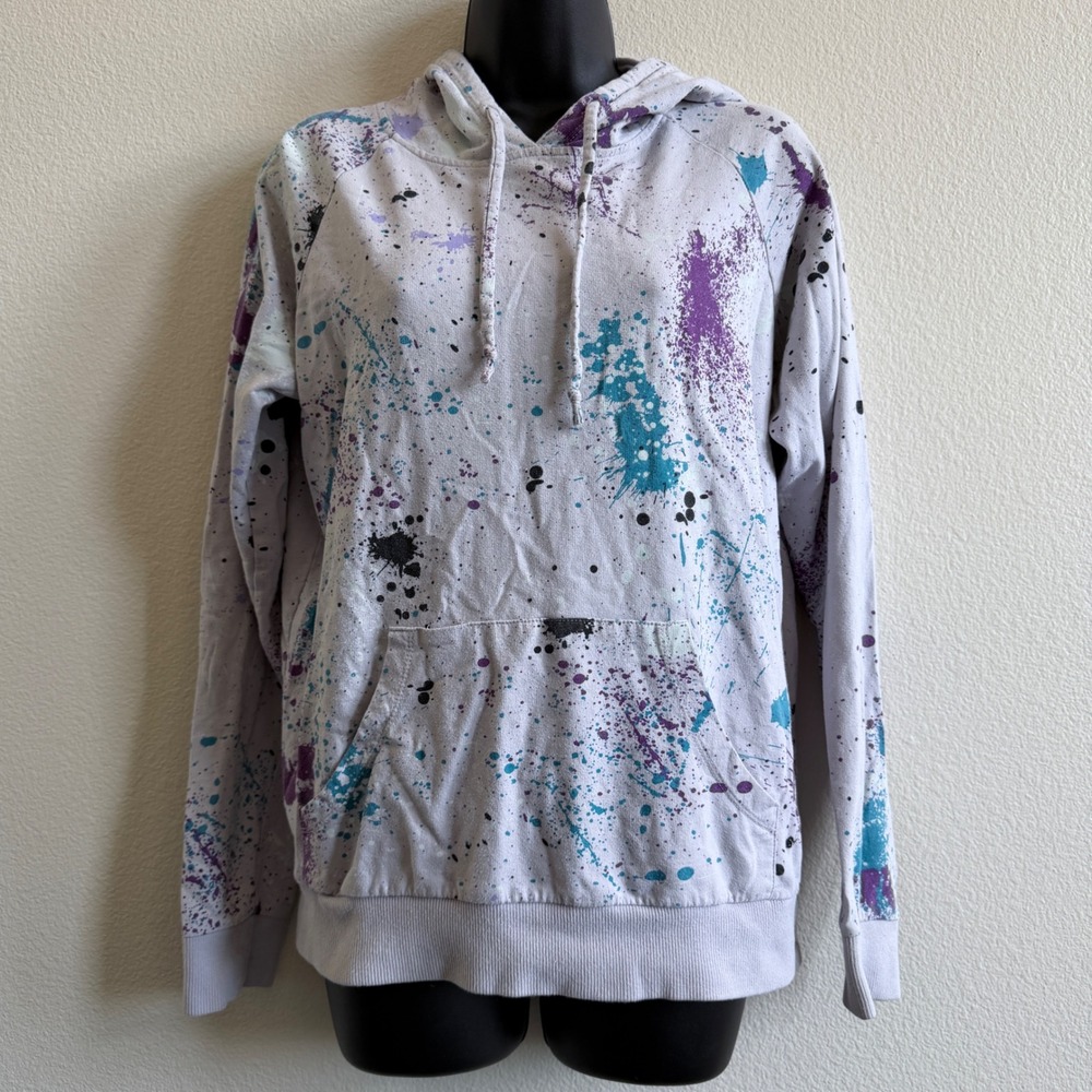 Forever 21 Womens Paint Splatter Hoodie Gray Purple Teal Cotton Pullover Medium